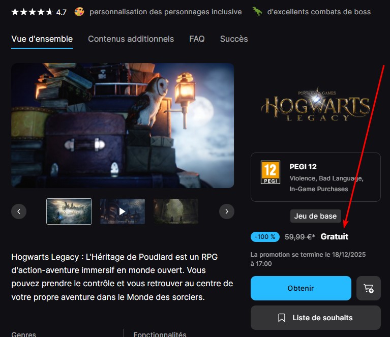 epic - Hogwarts Legacy gratuit jusqu'au 18/12/2025