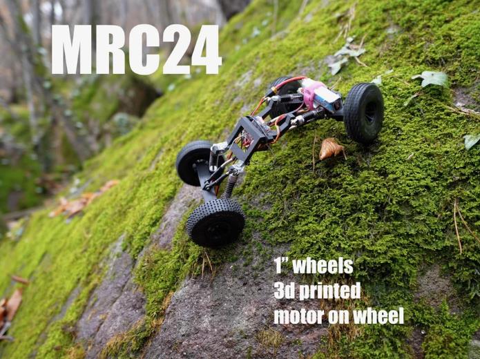 MRC24 is a micro RC Rock Crawler in approx. 1/24 scale using small hub motors to directly drive all 1'' wheels.