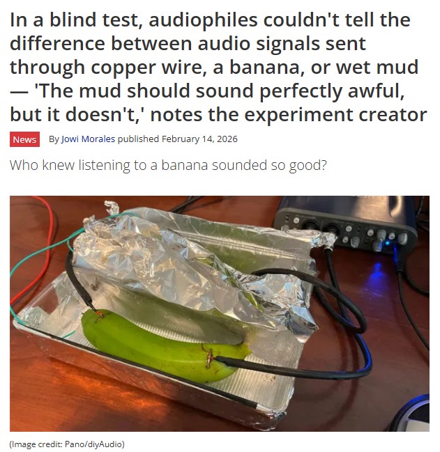 lehollandaisvolant - In a blind test, audiophiles couldn't tell the difference between audio signals sent through copper wire, a banana, or wet mud