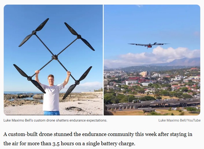 interestingengineering - Watch: YouTuber-built ‘world’s most efficient’ drone flies for 3.5 hours straight