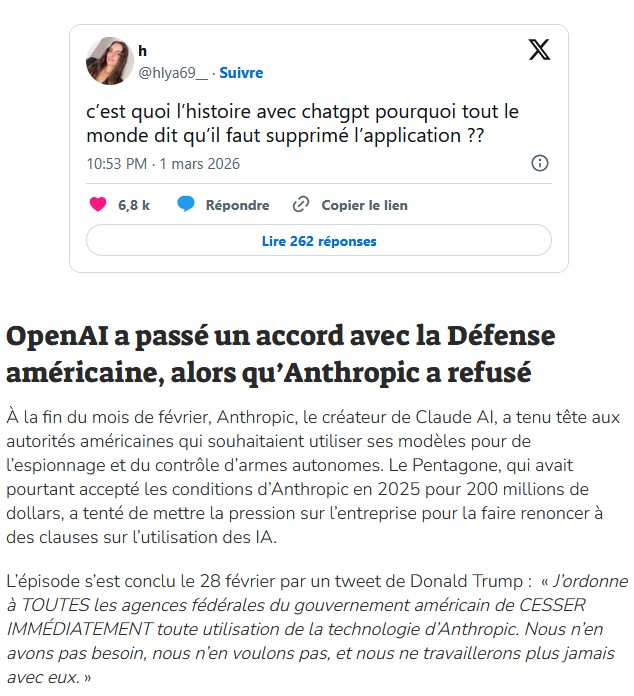 numerama - C’est quoi la polémique avec ChatGPT, l'armée américaine au milieu et Enthropic de l'autre ?