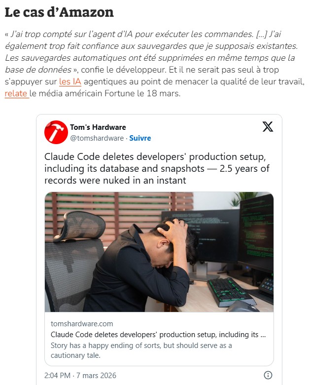 numerama - Il confie une mise à jour à une IA, elle supprime toute sa base de production