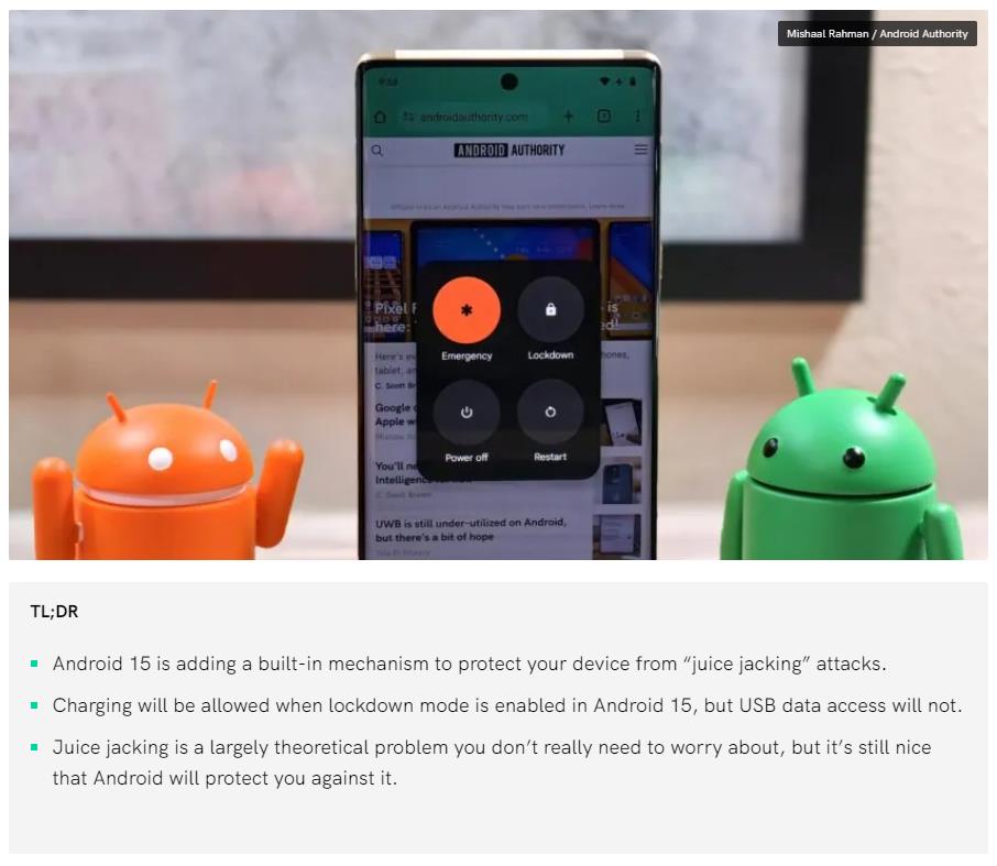 Android 15 is adding a built-in mechanism to protect your device from juice jacking attacks