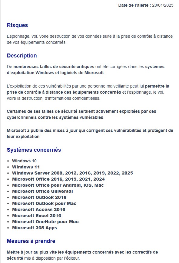 cybermalveillance.gouv.fr - Alerte Cyber : Failles de sécurité critiques dans les produits Microsoft