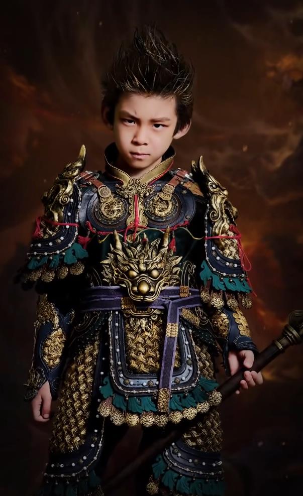 A Chinese mother with two young children handmade a costume of the Black Myth