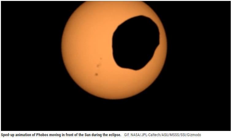 Sped-up animation of Phobos moving in front of the Sun during the eclipse. Gif: NASA/JPL-Caltech/ASU/MSSS/SSI/Gizmodo