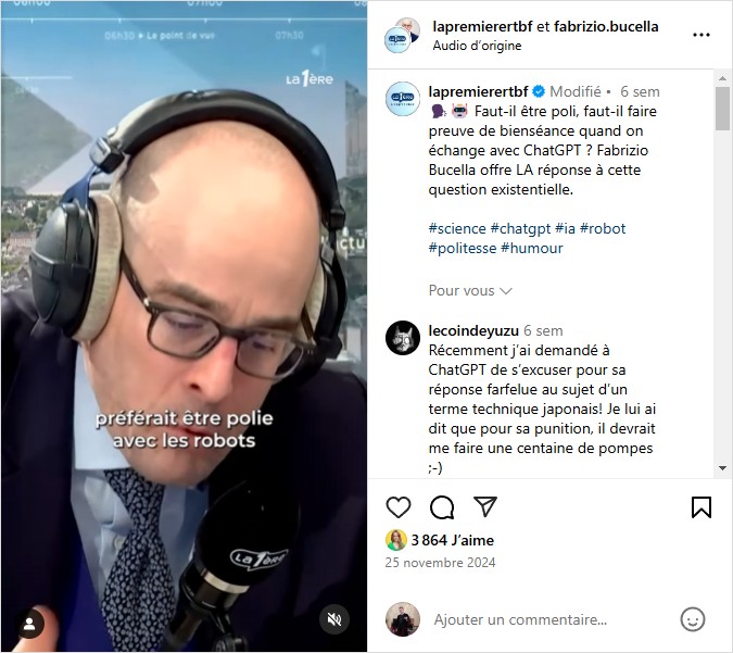 lapremierertbf - Faut-il être poli, faut-il faire preuve de bienséance quand on échange avec ChatGPT ?
