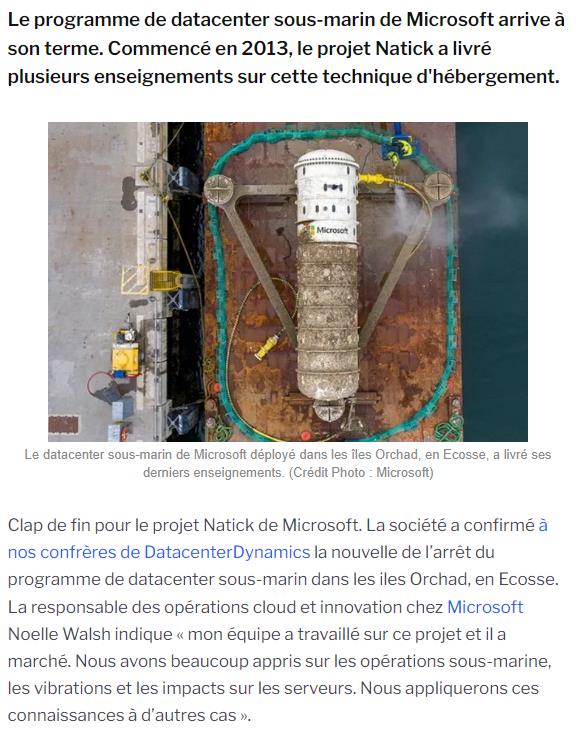 Le datacenter sous-marin de Microsoft déployé dans les îles Orchad, en Ecosse, a livré ses derniers enseignements. (Crédit Photo : Microsoft)