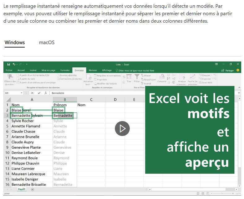 Microsoft - Utilisation du remplissage instantané dans Excel