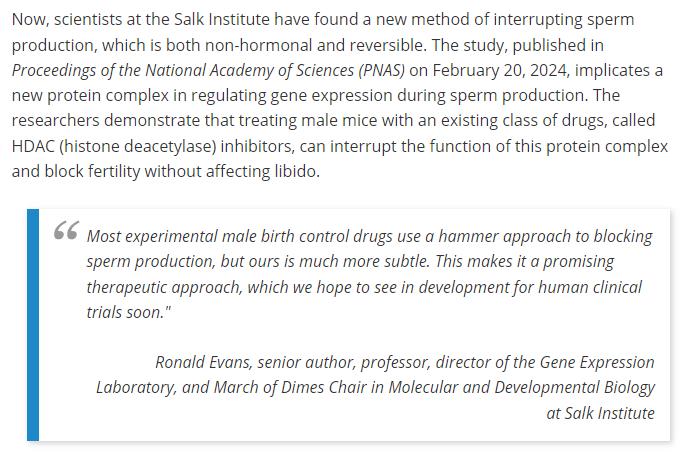 Most experimental male birth control drugs use a hammer approach to blocking sperm production, but ours is much more subtle. This makes it a promising therapeutic approach, which we hope to see in development for human clinical trials soon.