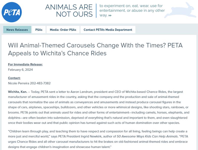 PETA urges Chance Rides and all other carousel manufacturers to hit the brakes on old-fashioned animal-themed rides and embrace designs that engage children’s imagination and showcase human talent