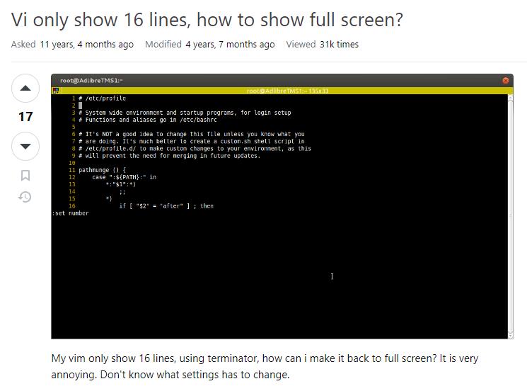 SuperUser - Vi only show 16 lines, how to show full screen?