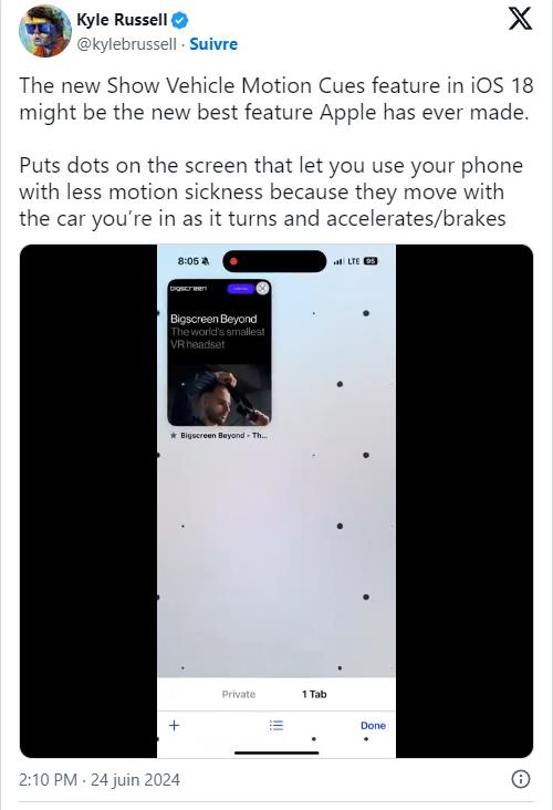 Puts dots on the screen that let you use your phone with less motion sickness because they move with the car you’re in as it turns and accelerates/brakes