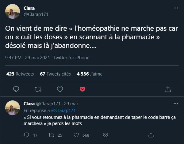 twitter.com Clarap171 homéopathie ne marche pas car on -cuit les doses- en scannant à la pharmacie.jpg
